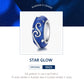 Blue star-glow enamel bead charm with silver swirl S and white dot accents, front view