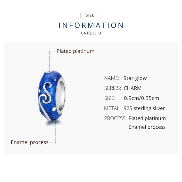 Blue star-glow enamel charm bead with silver rim and swirl S design