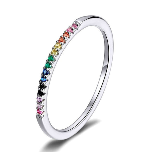 Sterling silver ring with multicolor zircon stones along one side