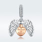 Sterling silver angel wing heart charm with cubic zirconia bail and engraved heart