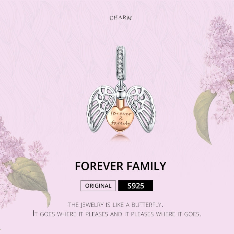 Sterling silver angel wing heart charm with rose-gold heart reading “forever & family”