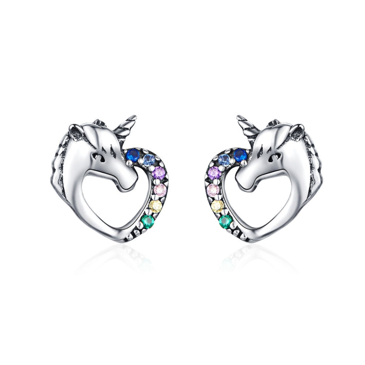 Silver unicorn stud earrings with multicolor zircon accents