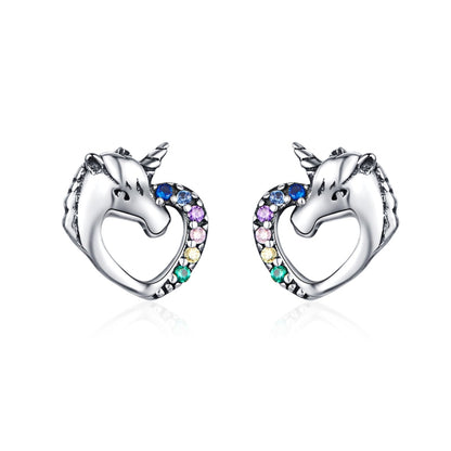 Silver unicorn stud earrings with multicolor zircon accents