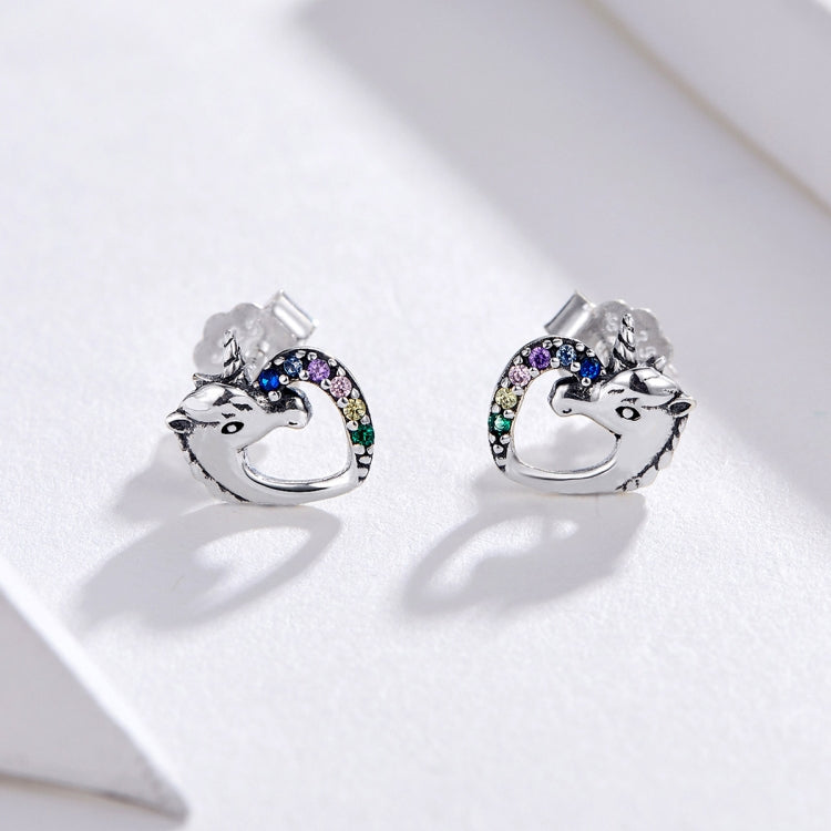 Silver unicorn stud earrings with multicolor zircon arc