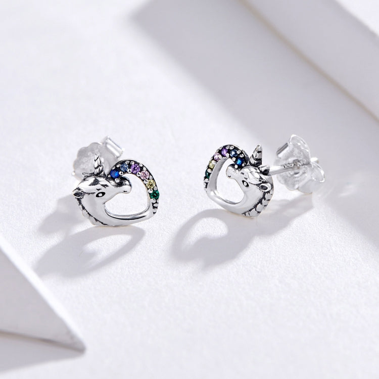 Silver stud earrings with multicolor zircon heart designs