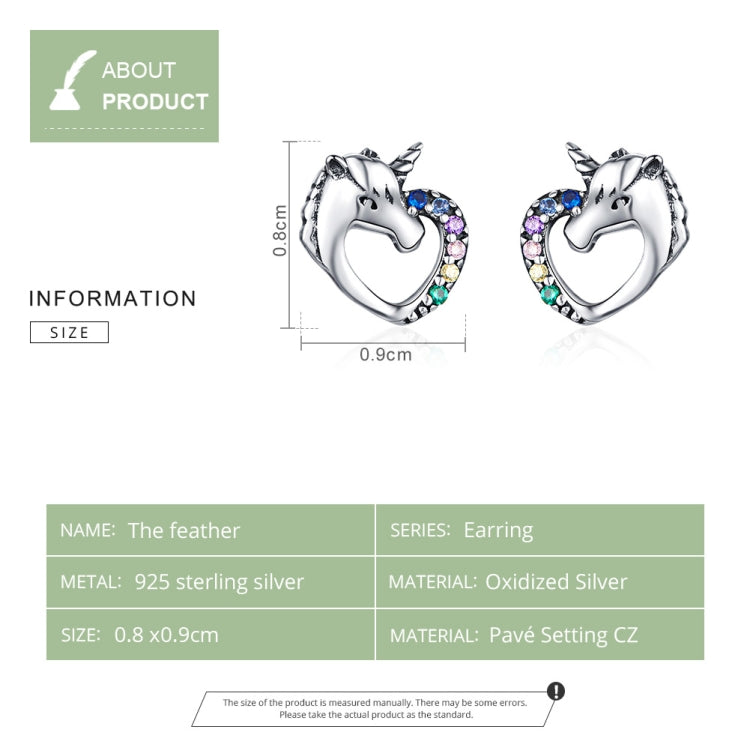 Silver stud earrings shaped like unicorn hearts with multicolor zircon accents