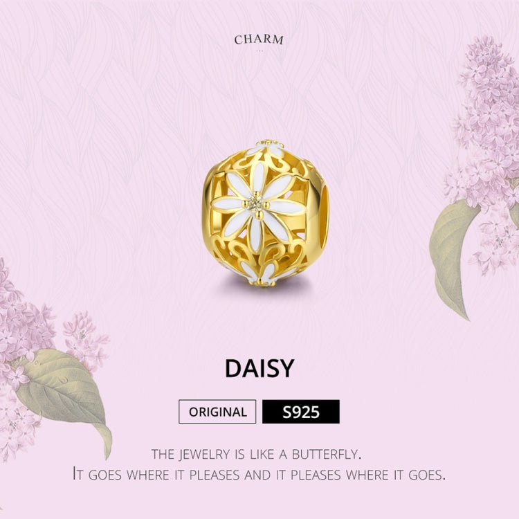 Gold daisy charm bead with white flower in carved lattice design