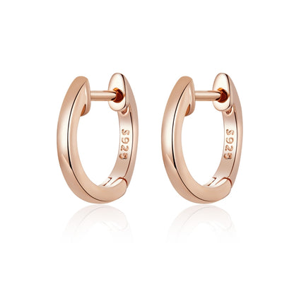 Rose gold hoop earrings with hinged ear back, stamped 925, polished shine