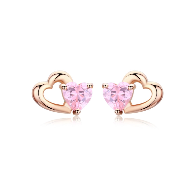 Rose gold heart stud earrings with pink heart zircon and scalloped heart frame