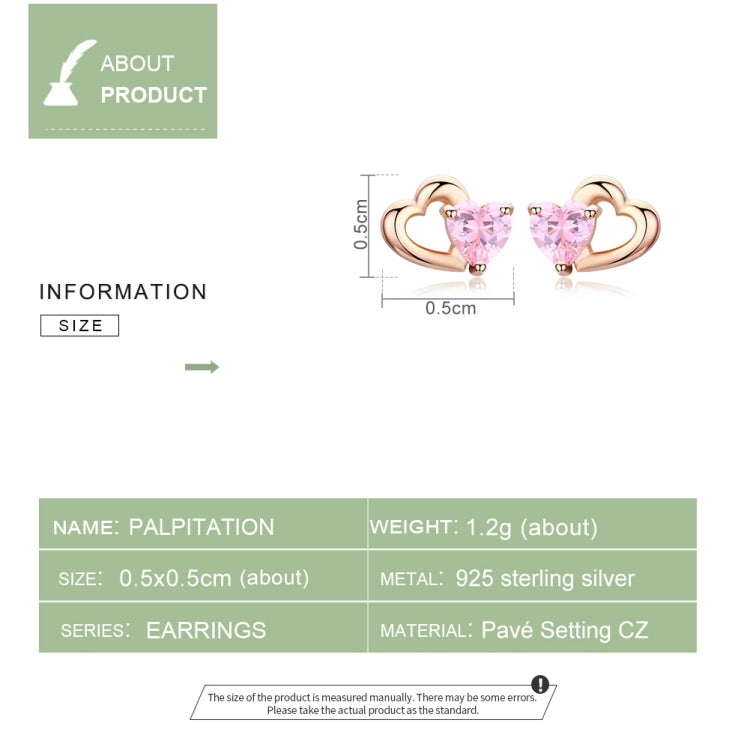 Heart stud earrings diagram with pink CZ hearts and rose gold plated finish