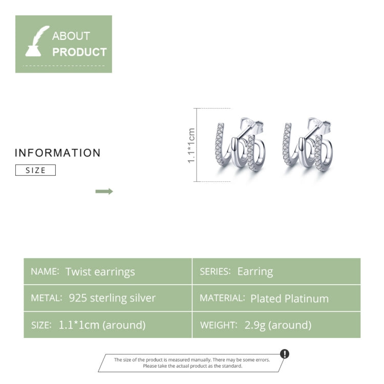 Sterling silver twisted hoop earrings with zircon accents, shown as a pair.