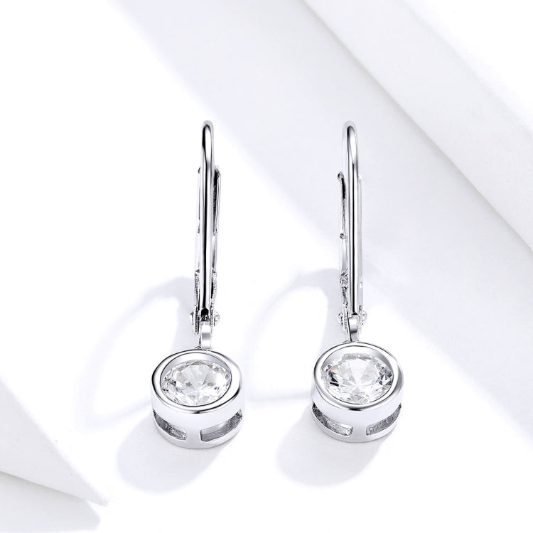 Sterling silver drop earrings with round clear zircon stones and lever hooks