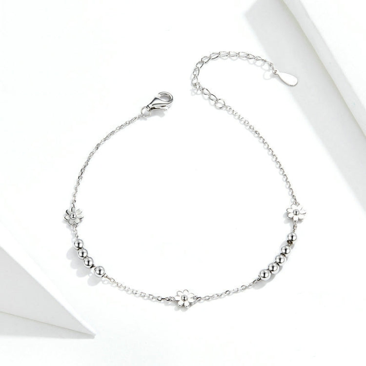 Sterling silver daisy flower bracelet with bead segments and adjustable clasp