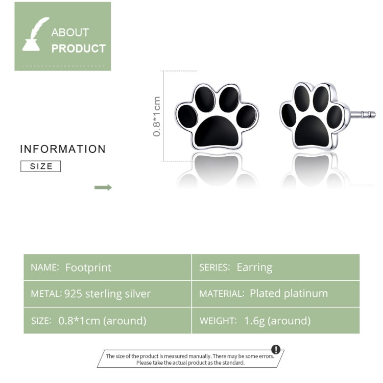 Sterling silver paw print stud earrings with black enamel pads, compact paw design