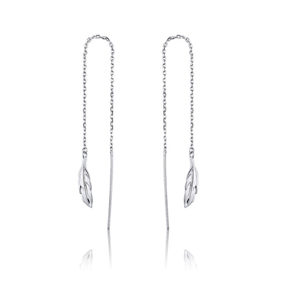 Long silver-tone feather dangle earrings with oval chain links