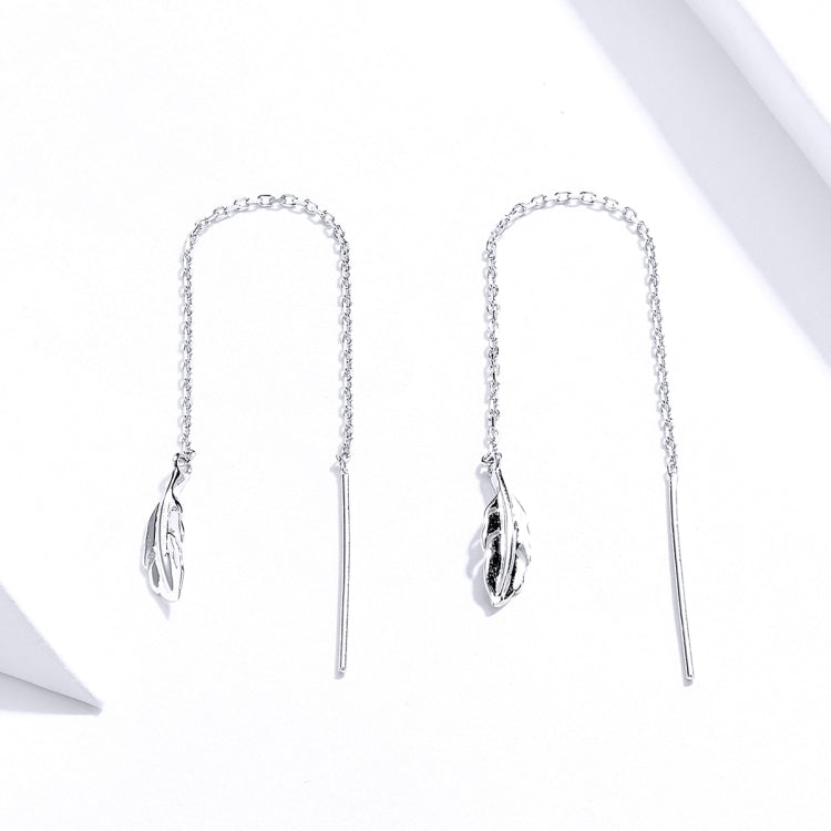 Sterling silver-tone long chain drop earrings with small feather charm