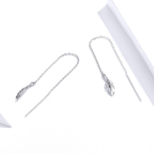 Feather Ear Line Sterling Silver Long Earrings Platinum Plated Simple Girl Earrings, SCE786