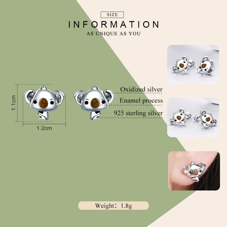 Koala earrings on a size and weight information graphic, brown enamel face on silver