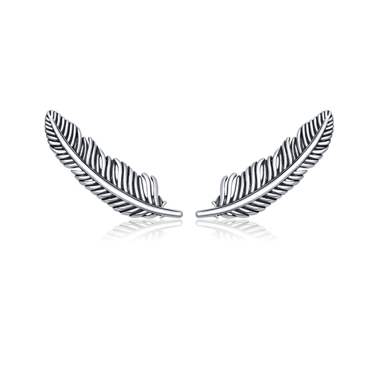 Sterling silver ribbed feather drop earrings, pair
