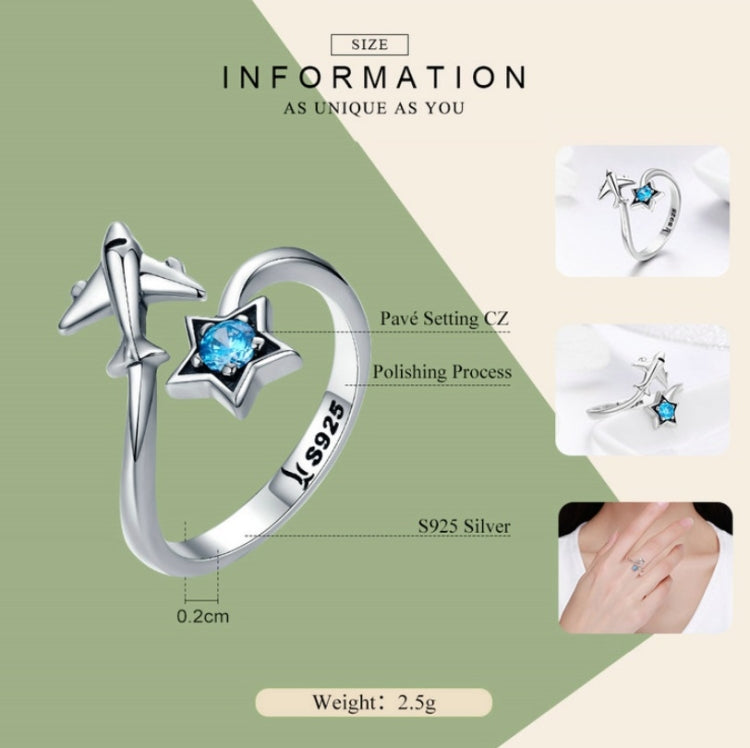 Sterling silver open ring with blue star gem and airplane motif, size info graphic