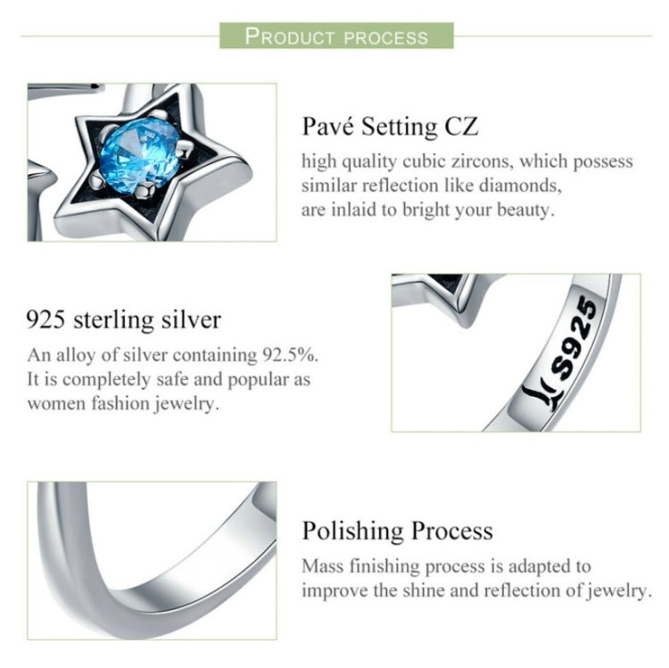 Sterling silver star ring with blue CZ gem shown in product process graphic