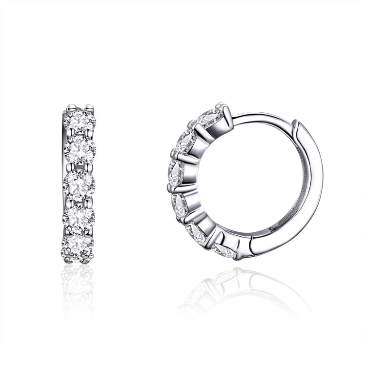 Rhinestone hoop earrings with row of five clear square CZ stones, silver tone