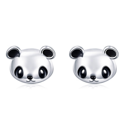 Panda face sterling silver stud earrings with black enamel accents