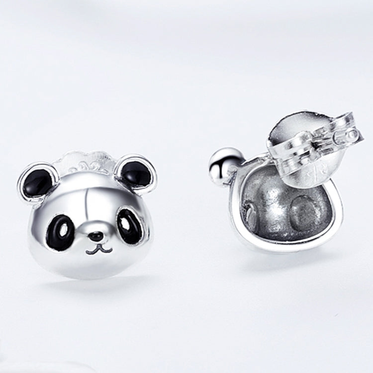 Panda face sterling silver earrings with butterfly back and black enamel details
