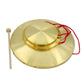 Gold brass hand gong with inset center cap, red cord, wooden mallet