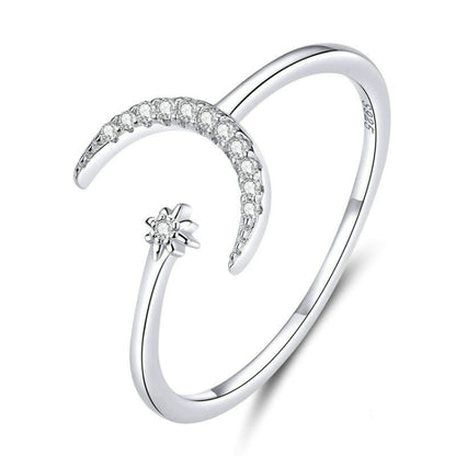 Sterling silver open moon ring with zircon accents