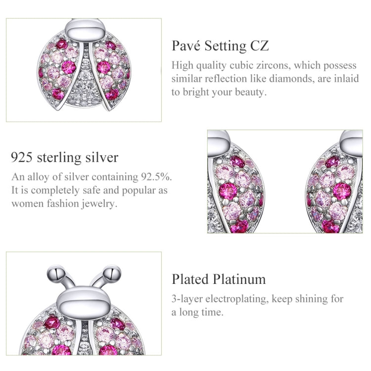 Sterling silver ladybug stud earring with pink pavé stones