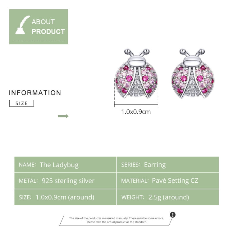 Sterling silver ladybug stud earrings with pink stones