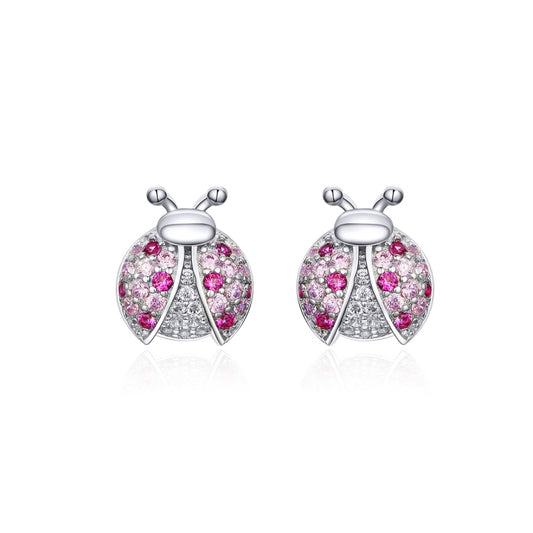 Sterling silver ladybug stud earrings with pink stones