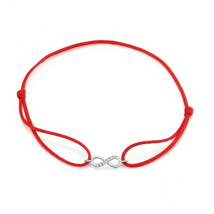 Red string bracelet with S925 infinity charm and small clear rhinestone accents