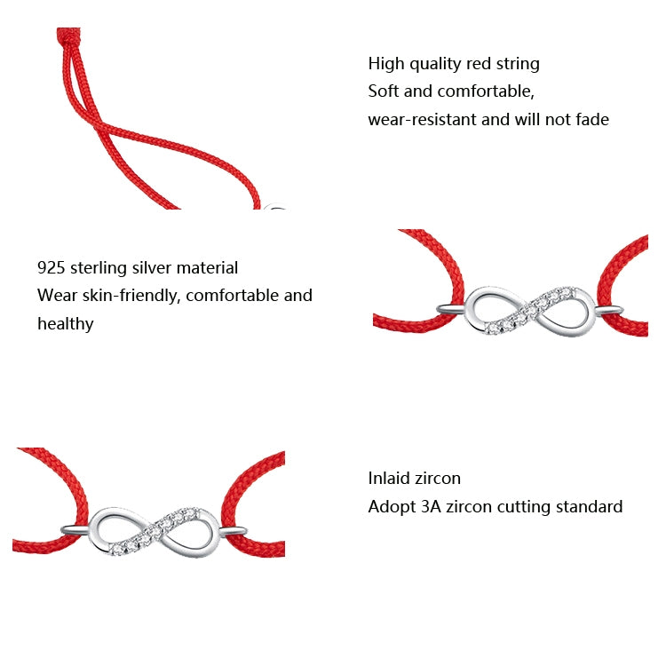 Red string charm bracelet featuring silver infinity symbol with clear rhinestone inlay