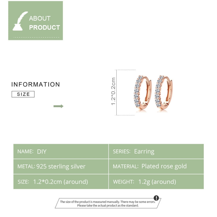 Rose gold hoop earrings with zircon-like stones, size reference layout shown