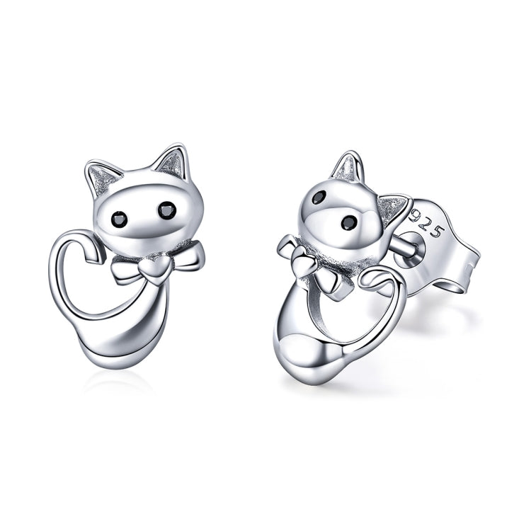Cat-shaped 925 sterling silver stud earrings with hinged loop and small CZ eyes