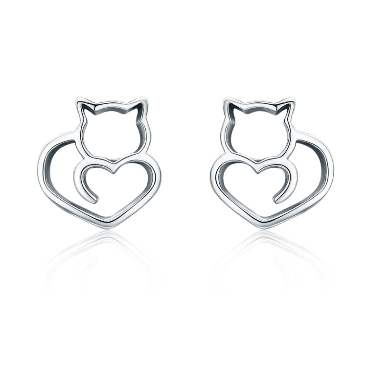 Sterling silver cat-heart stud earrings, hollow outline, small animal motif