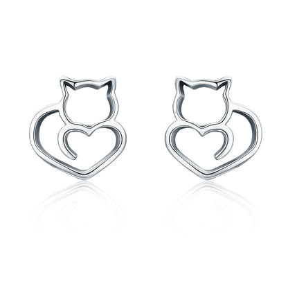 Sterling silver cat-heart stud earrings, hollow outline, small animal motif