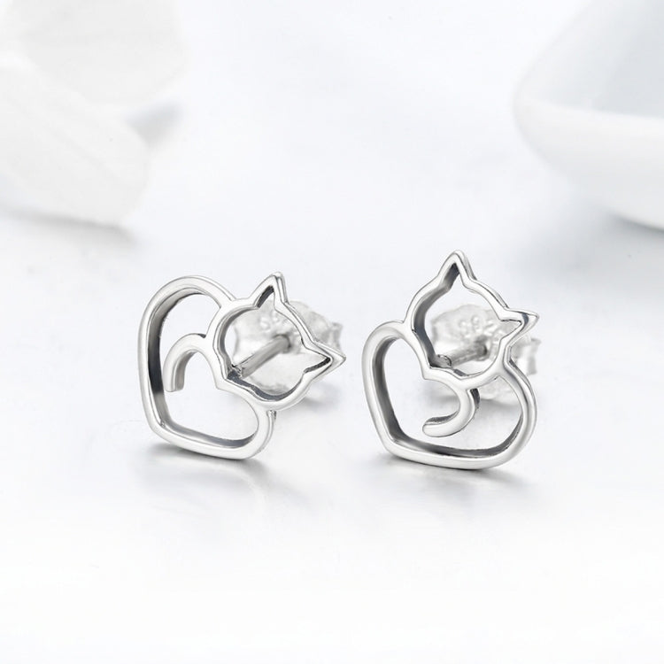 Sterling silver cat-heart stud earrings with post backs, hollow heart and cat outline