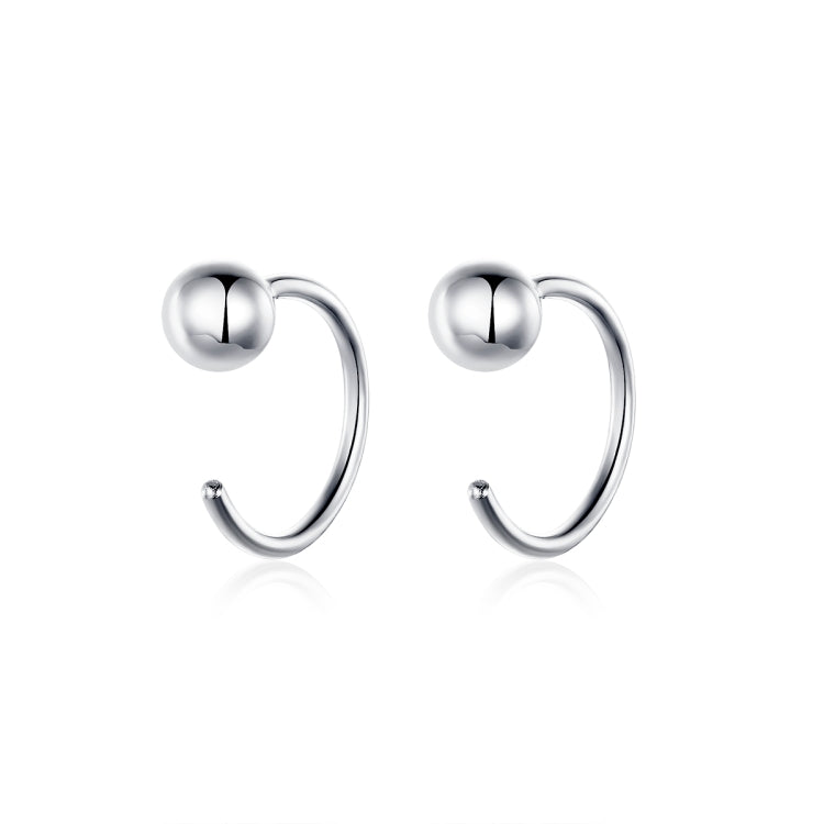 Sterling silver ball hoop earrings with glossy sphere accents on curved hoops