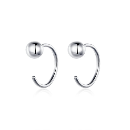 Sterling silver ball hoop earrings with glossy sphere accents on curved hoops