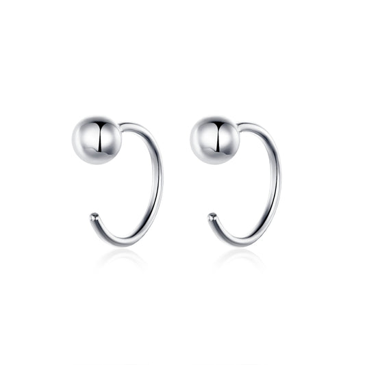 Sterling silver ball hoop earrings with glossy sphere accents on curved hoops