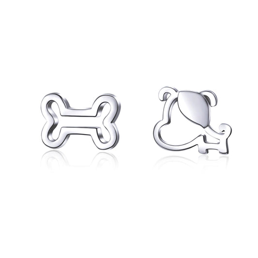 Hollow dog bone stud earrings in polished sterling silver, pair view