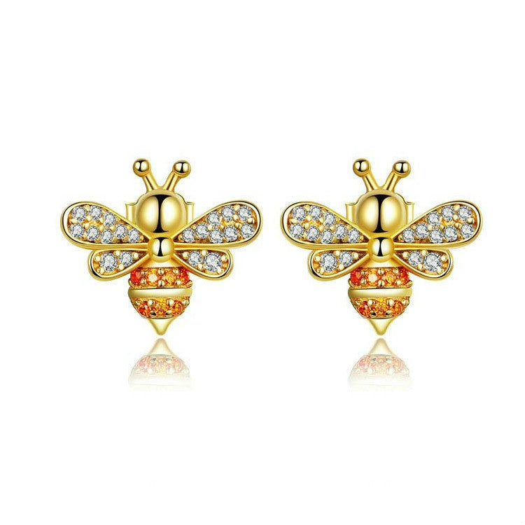 Bee stud earrings in gold tone with clear and orange inlaid stones, pair
