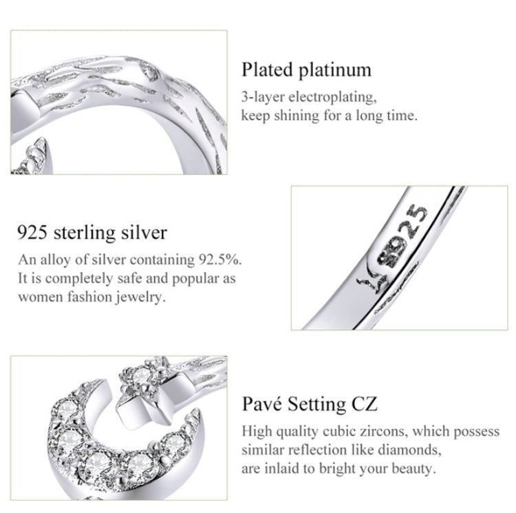 Sterling silver open ring with star and moon, platinum plated, pavé CZ