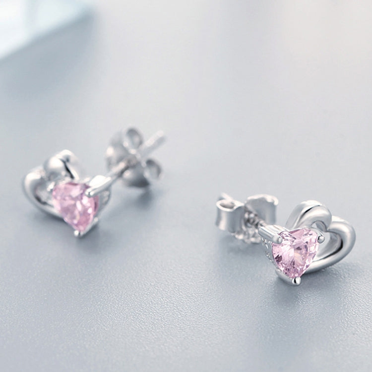 Pair of heart stud earrings with pink gemstones and sterling silver settings