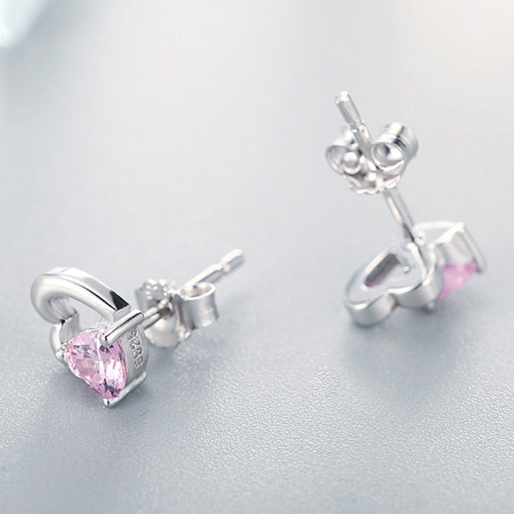 Sterling silver heart stud earrings showing pink gemstone and butterfly backs