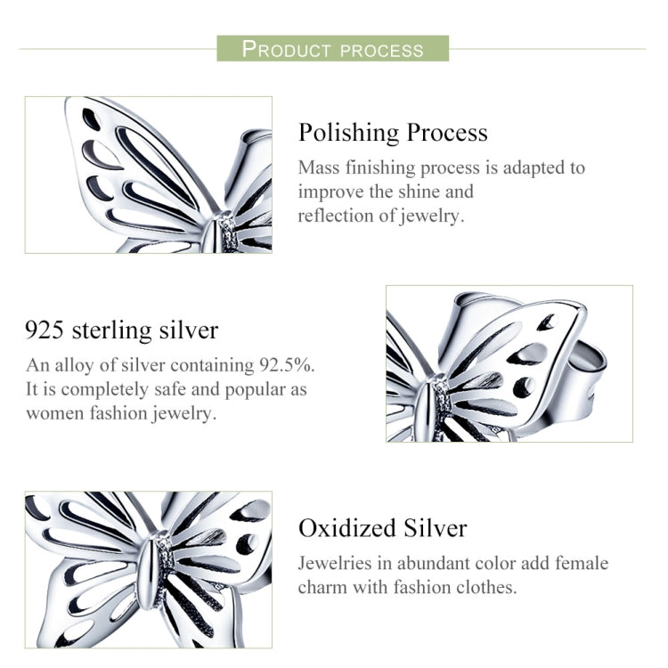 Sterling silver butterfly earrings shown in profile with reflective wing cutouts