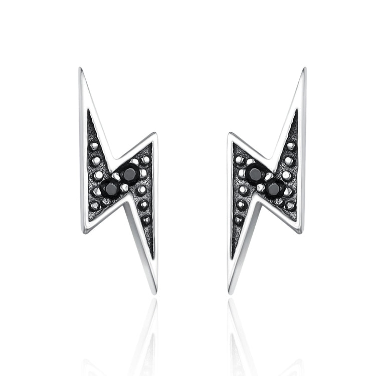 S925 sterling silver lightning bolt stud earrings with black stone accents